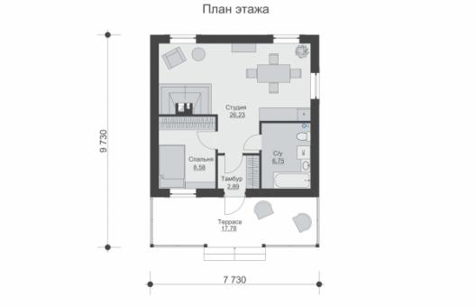 Одноэтажный дом с террасой, печкой и отделкой кирпичом.